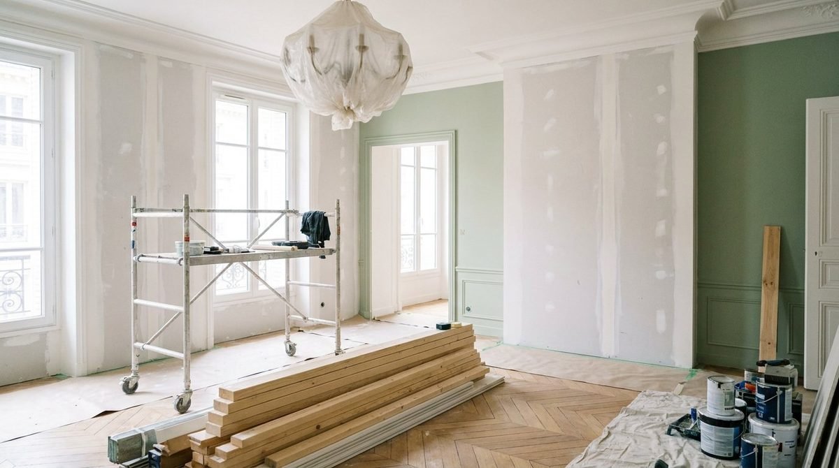 Chantier en cours : plaques de plâtre posées et échafaudage dans une pièce à moulures